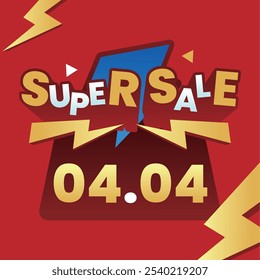 Bold and vibrant Super Sale banner with '04.04' date, featuring dynamic lightning elements and colorful typography on a striking red background, perfect for promotions.