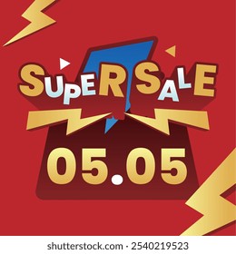 Bold and vibrant Super Sale banner with '05.05' date, featuring dynamic lightning elements and colorful typography on a striking red background, perfect for promotions.