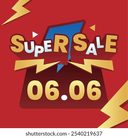 Bold and vibrant Super Sale banner with '06.06' date, featuring dynamic lightning elements and colorful typography on a striking red background, perfect for promotions.