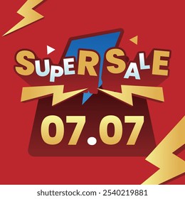 Bold and vibrant Super Sale banner with '07.07' date, featuring dynamic lightning elements and colorful typography on a striking red background, perfect for promotions.