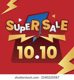 Bold and vibrant Super Sale banner with '10.10' date, featuring dynamic lightning elements and colorful typography on a striking red background, perfect for promotions.