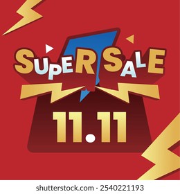 Bold and vibrant Super Sale banner with '11.11' date, featuring dynamic lightning elements and colorful typography on a striking red background, perfect for promotions.