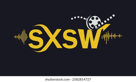 A bold and vibrant SXSW (South by Southwest) logo featuring soundwave patterns and a film reel, symbolizing the festival's celebration of music, film, and creativity