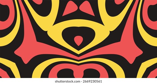 Ein gewagtes und lebendiges symmetrisches abstraktes Muster mit stammesbezogenen und organischen Einflüssen in einem roten, gelben und schwarzen Farbschema.