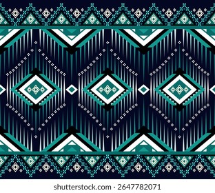 A bold and vibrant tribal pattern in emerald and teal, featuring dynamic diamond shapes and geometric arrow motifs. Perfect for textiles, fashion design, or cultural art prints.