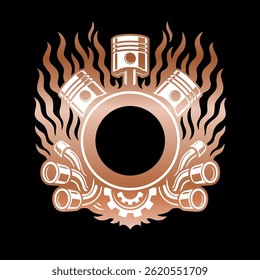 Bold and vibrant yellow mechanical emblem featuring three engine pistons arranged around a central ring, stylized with flaming effects and exhaust pipes, ideal for automotive branding.