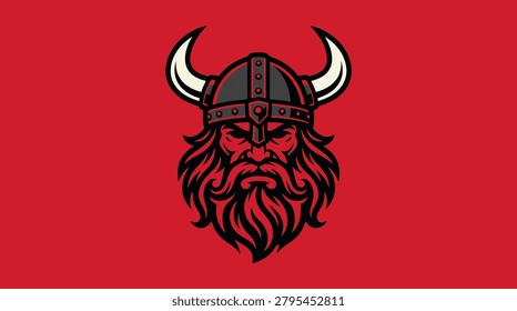 Bold Viking warrior face with horned helmet on red background