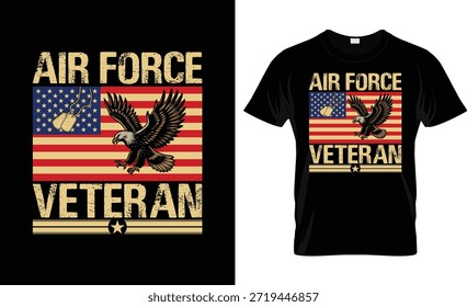 A bold vintage-style vector illustration featuring a soaring eagle set against a distressed American-flag backdrop, framed by stars and stripes with the text “Air Force Veteran.” Perfect for apparel, posters, decals and other patriotic designs honoring military service and sacrifice.