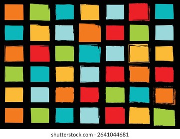 Bold visual square element pack with multicolored fills and brush stroke textures, perfect for retro, pop, or modern minimalist visual projects.

