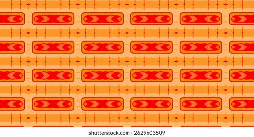 Bold and vivid seamless pattern in red and orange hues with abstract symmetrical design elements.