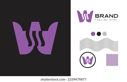 bold W letter logo using wave shape suitable for sports, food, coffee brands with logo variations and pattern for branding designs
