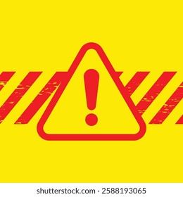 Bold warning symbol with a red exclamation mark inside a triangle on a yellow background, paired with red caution stripes. Perfect for alerts, hazards, or safety notices.