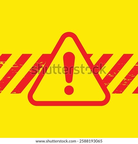 Bold warning symbol with a red exclamation mark inside a triangle on a yellow background, paired with red caution stripes. Perfect for alerts, hazards, or safety notices.