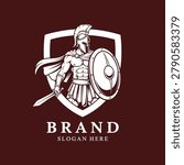 Bold warrior in helmet with sword and shield, standing confidently with shield raised
