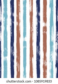 Bold watercolor brush stripes pattern on white. Brown, cyan, beige, light-blue and blue paintbrush lines vertical texture for backdrop. For illustration.
