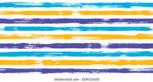 Bold watercolor brush stripes seamless pattern. Sky blue, yellow and dark purple paintbrush lines horizontal seamless texture for backdrop. Hand drown paint strokes decorative artwork. For textile.