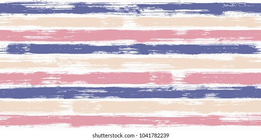 Bold watercolor brush stripes seamless pattern. Ice creme beige, pale magenta and navy blue paintbrush lines horizontal seamless texture for background. Hand drown paint strokes decoration artwork.