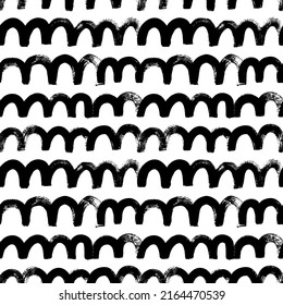 Bold wave lines seamless pattern. Abstract background with wavy brush strokes, mountain and arch motif. Landscape ornament with rough textured lines. Black and white geometric background. 