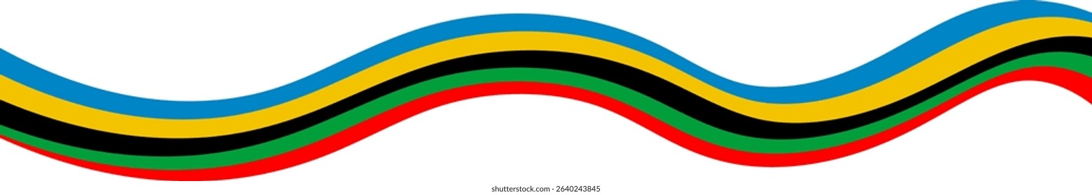Bold wave-like layered stripes in blue, yellow, black, green, and red forming a smooth, dynamic pattern symbolizing energy, unity, and motion