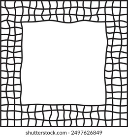 Fette wellenförmige Linien, die einen quadratischen Rahmen bilden. Unterschiedliche Größe abstrakter Quadrate. Dekorativer und schlangenartiger Rand, durch gewellte Serpentinen. Einzige schwarz-weiße Illustration auf weißem Hintergrund