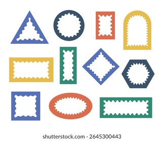 Bold wavy, zigzag borders arches, figures. Vector retro mirror frames, abstract geometric groovy shapes.