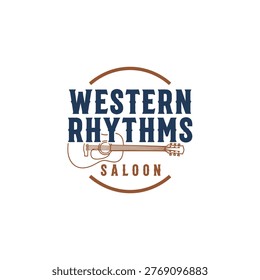 Bold Western Rhythms Saloon logo featuring an acoustic guitar illustration and vintage typography. Evoking country music, rustic bar, live entertainment and Americana style for branding and signage.