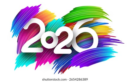 Negrito branco 2026 texto sobre redemoinhos de pintura multicoloridas vívidas. Ilustração vetorial para designs criativos, festivos e modernos.