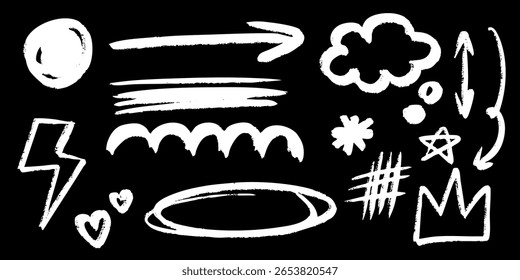 Rabiscos brancos negroides com textura grunge em fundo preto — setas, formas, corações, símbolos. Perfeito para designs de contraste e destaques visuais arrojados