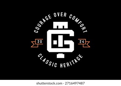 Um emblema preto branco com as letras C e G entrelaçadas, rodeadas por texto.