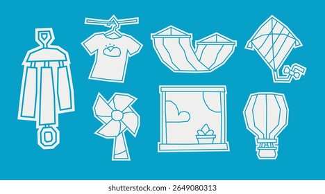 Bold white filled icon set featuring summer themed objects