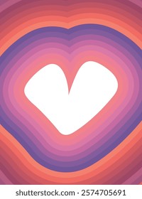 A bold white heart surrounded by layered tones of pink, purple, and orange, creating a striking and warm gradient design with depth and symmetry.