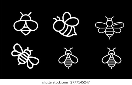 Bold white honey bee silhouettes on black background, professional hand-drawn illustration nature and insect symbols, Modern professional organic honey farm design elements.