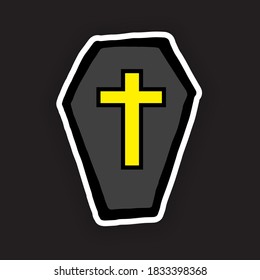 bold white outline of black coffin with gold cross in the middle isolated on black background. vector illustration. hand drawn vector. doodle halloween party for wallpaper, sticker, clipart, poster.