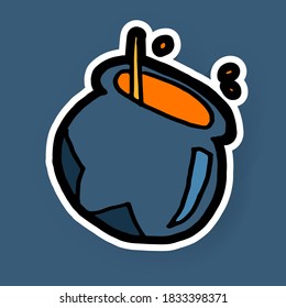 bold white outline of blue magic cauldron vector illustration on blue background. hand drawn vector. doodle halloween, witchcraft for kids, wallpaper, sticker, clipart, poster, banner. 