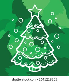 Bold White Outline Christmas Tree with Ornaments on Vibrant Green Abstract Background