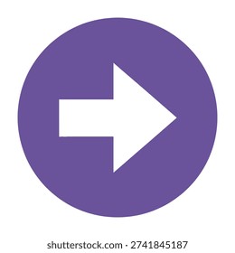 Bold white right arrow symbol pointing forward within a solid vibrant purple circular background representing direction progress and next steps in a clean modern graphic design