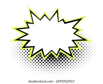 Un estallido blanco audaz enmarcado con un contorno verde y negro irregular, salpicado de puntos de semitono sobre un fondo gris sutil moteado, canalizando un estilo de cómic retro.