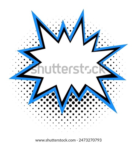 A bold white starburst framed with a jagged blue and black outline, peppered with halftone dots against a subtle grey speckled backdrop, channeling a retro comic book flair.
