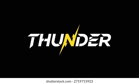 A bold white text logo spelling 'THUNDER' with a vibrant yellow lightning bolt replacing the letter 'N', set against a stark black background. This