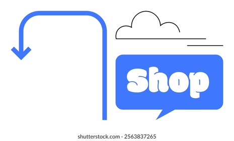 Bold white text on blue shopping speech bubble with downward arrow and cloud symbol, Ideal for marketing online shopping ecommerce retail promotions sales advertisement simplistic style