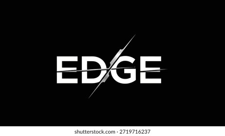 A bold white text spelling 'EDGE' is sharply divided by a stylized graphic element, set against a stark black background. This design conveys a