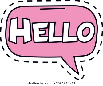 Bold white text spelling Hello inside a pink speech bubble with a dashed outline. The design conveys a friendly greeting, suitable for communication themes and graphic design projects