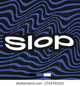 La tipografía en blanco negrita de "AI Slop" con AI está delineada y la pendiente es negra negrita delineada en fondo ondulado de líneas negras y azules