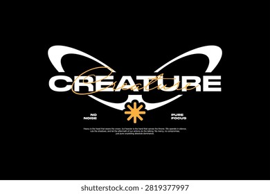 Bold white typography spelling CREATURE with abstract wing-like shapes and a central floral graphic on a black background.