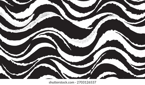 Bold white wavy stripes with a rough, distressed texture flow across a black background. This monochrome abstract pattern evokes a sense of movement and organic design.