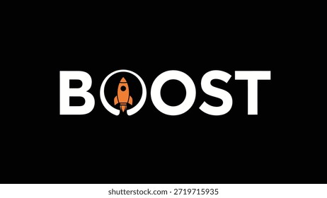 Una palabra en negrita y blanco 'BOOST' se muestra prominentemente sobre un fondo negro. La letra 'O' se reemplaza creativamente por un cohete naranja estilizado