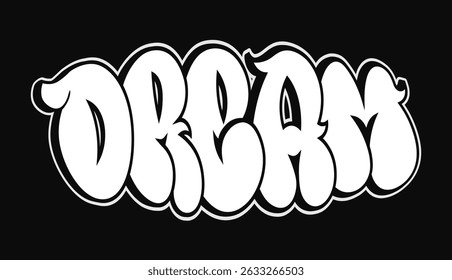 A bold, white word Dream in bubble letter graffiti style against a solid black backdrop.
