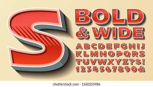 A bold and wide vector alphabet in a retro style. 3d effects on red capital letters. Extended font with numbers and some punctuation. Gray edges and shadow effects complete the look.
