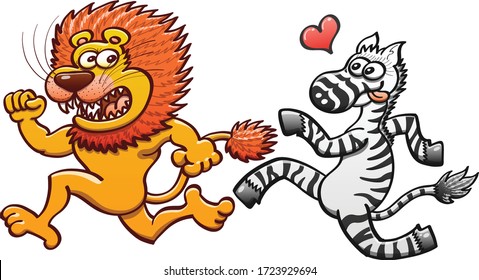 Bold wild zebra in love showing a red heart above its head while running after a scared lion. The lion does not realize what is happening and feels disconcerted while running away from the zebra