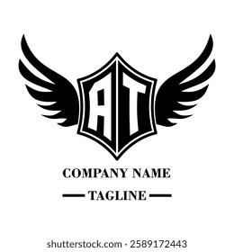 AT A bold winged shield emblem with customizable initials A-Z. Sleek black-and-white vector, perfect for branding, sports teams, motorcycle clubs, gaming,apparel and High-quality
